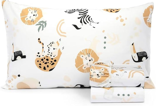100% Cotton 210TC Salt Earth Kids Bedsheet,Twin Sheets Set for Toddler bed, 3 Piece Bedding Set Including Flat Sheet, Fitted Sheet, and Pillowcase, Themed Sheets for a Playful Kids Bed (Jungle Safari)