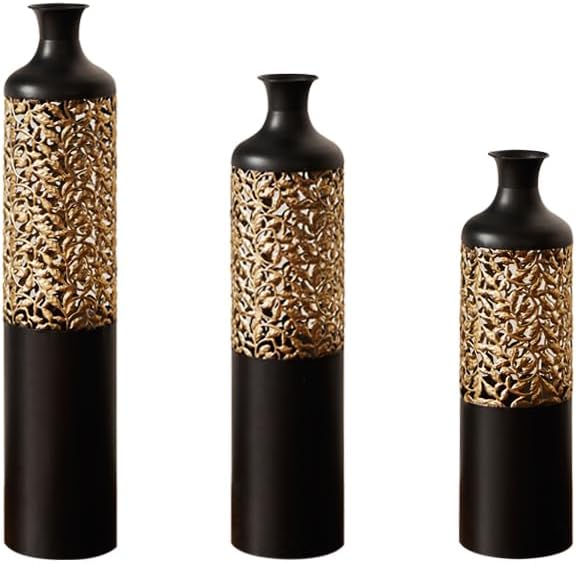 Metal Floor Vases Decorative, Set of 3 Flower Arrangement Stand, Metal Decorative Vase Tall Distressed Metallic Centerpiece Vases with 3D Triangle Pattern, 28.7", 24.8", 20.8" H (Black＆Gold)