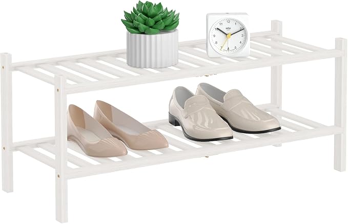RONGJlA 2 Tier Bamboo Shoe Rack for Closet Free Standing Wood Shoe Shelf Storage Organizer for Entryway Small Space Stackable, White