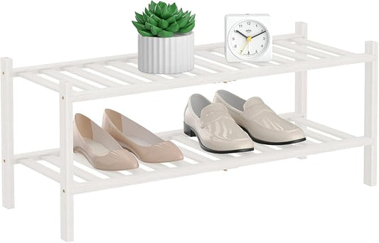 RONGJlA 2 Tier Bamboo Shoe Rack for Closet Free Standing Wood Shoe Shelf Storage Organizer for Entryway Small Space Stackable, White
