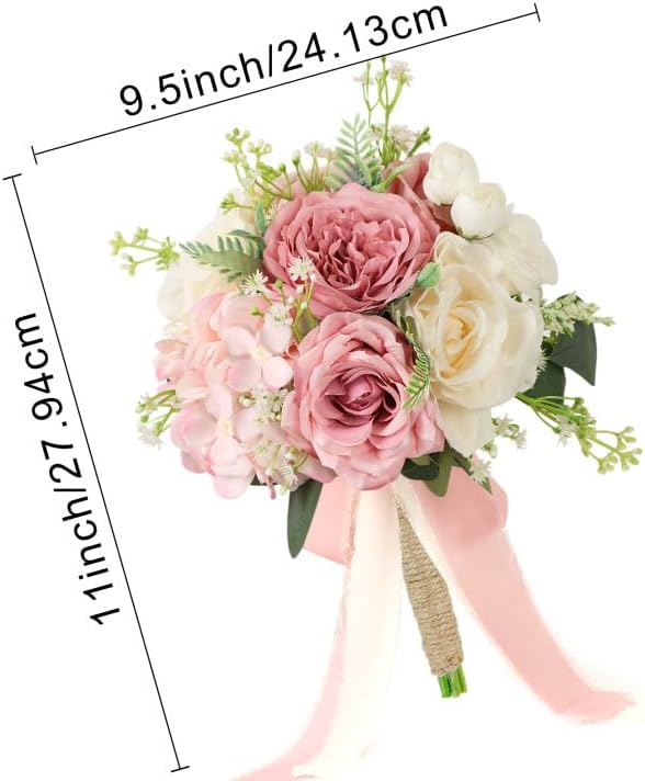Set of 6 Wedding Bridesmaid Bouquets - 7 Inch Artificial Flowers Bouquets for Ceremony Anniversary Centerpieces Decorations - Pink & White
