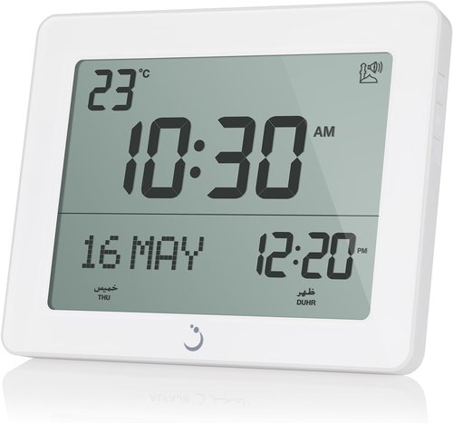 ALFAJR Azan Clock CF-19 - Automatic Athan in 5 Voices | Simplified Manual for USA Cities - White