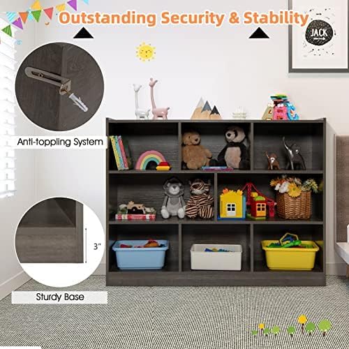 Costzon 3-Shelf Bookcase for Kids, Wooden Toy Storage Organizer for Books Toys, 8-Section Freestanding Classroom Daycare Montessori Bookshelf for Preschool, Home Playroom & Kindergarten (Grey)