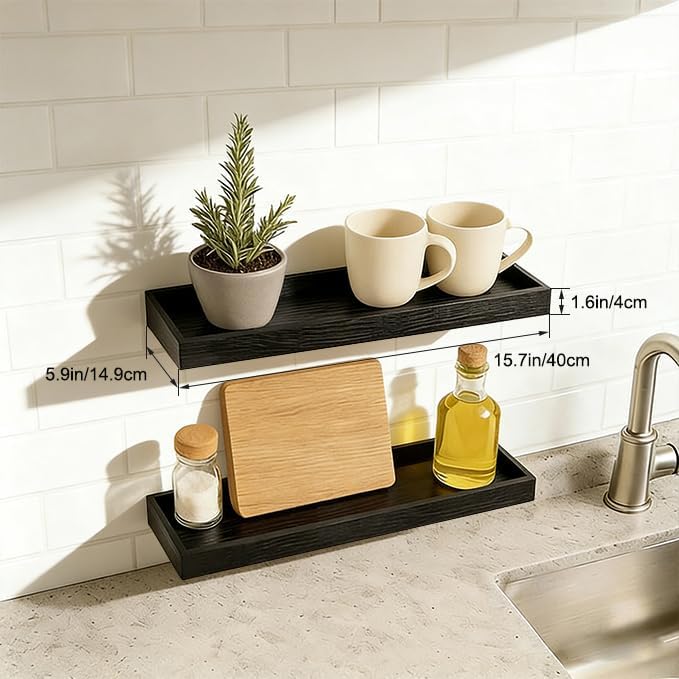 Floating Shelves with Raised Lip for Wall, 15.7 Inch Black Wooden Floating Wall Shelves, Set of 2, Wall Shelves for Bedroom Bathroom Living Room, Rustic Storage Display Shelves
