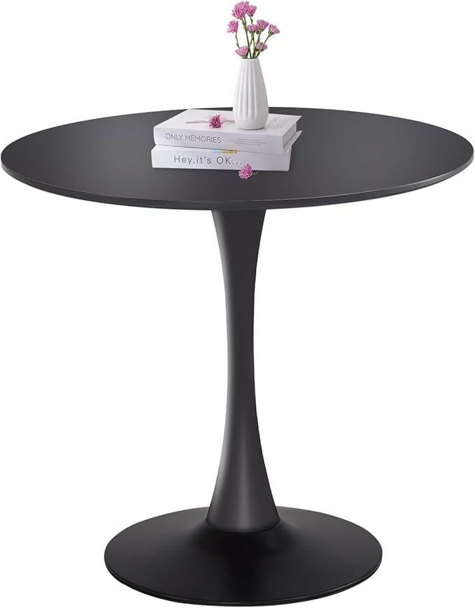 Tulip Round Dining Table 31.5" Black Round Kitchen Dining Table for 2-4 People, with 0.7" MDF Tables Top and Metal Pedestal Base Dinner Tables for Cafe, Home, Dining Room