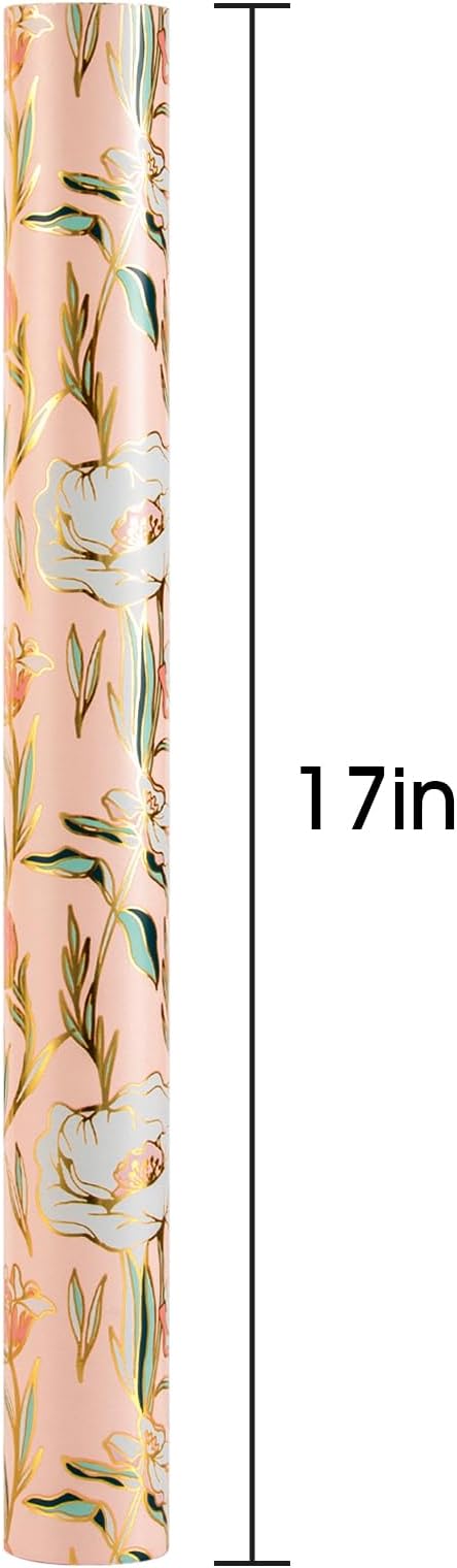 Merture Floral Wrapping Paper Roll - 17 In X 32.8 Ft - 1 Roll (46.5 sqft.ttl.) Pink Wedding Wrapping Paper Gift Wrap paper for Wedding, Bridal Shower，Valentines Day, Mothers Day, Birthday, Christmas
