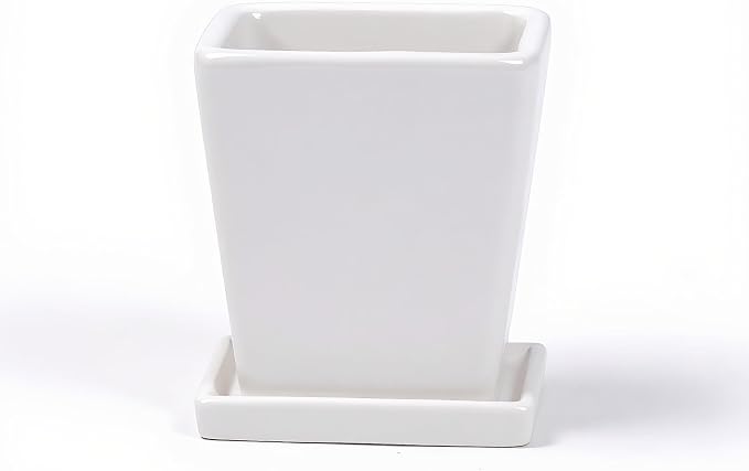 White Ceramic Plant Pots with Saucers, 4 Inch Square Succulent Planter Pots Set of 4, Modern Minimalist Small Flower Pots for Indoor Plants, Cactus, Herbs, Home Office Decor