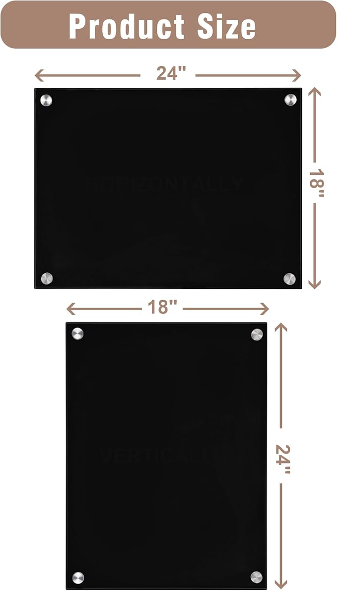 Mifuro Magnetic Glass Whiteboard，24"x18" Wall Mounted Frameless Dry Erase Board for Office, Home & School Black