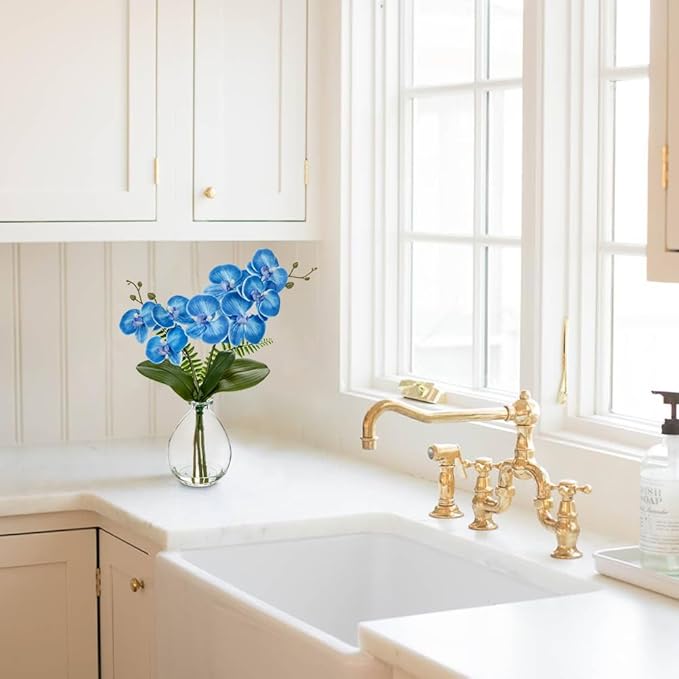 Oairse Blue Orchids Artificial Flowers, Faux Orchid in Glass Vase Real Touch Small Phalaenopsis Orchid Flowers Arrangements with Clear Vase Orchids Centerpiece for Dining Room Table