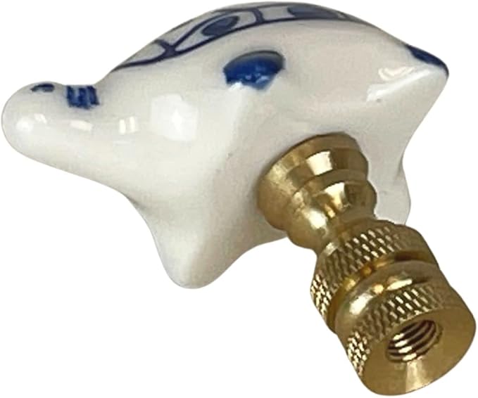 Royal Designs, Inc. Porcelain Turtle Finial for Lamp Shade, Polished Brass, Blue & White, Pack of 2