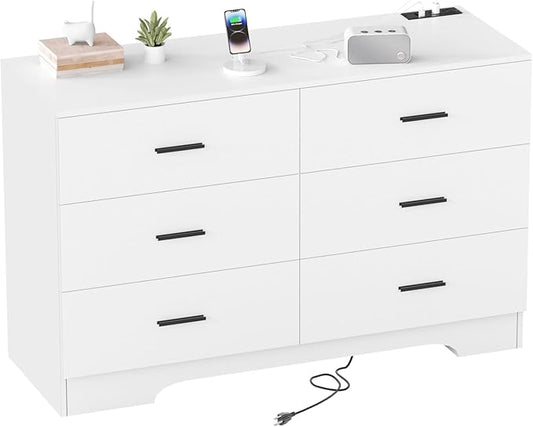 Dresser for Bedroom White Drawer with Power Outlets Wood 6 Drawer Dresser with Large Organizer Tall Modern Chest of Drawers Close for Bedroom Living Room Kids Room Hallway