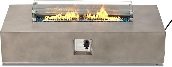 COSIEST Outdoor Propane Fire Pit Table, 56-inch x 28-inch Rectangle Gray Concrete-Like Finish, Certified, 50,000 BTU Stainless Steel Burner w Blue Fire Glass, Wind Guard, Raincover