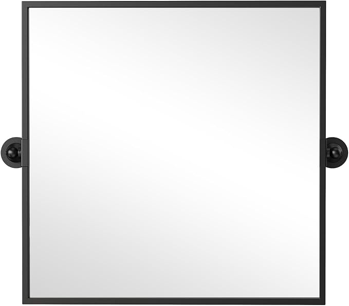 26"x26" Square Black Mirror,Pivot Mirror for Bathroom,Tilt Beveled Vanity Mirror,Metal Frame Piovting Mirror Hanging for Bedroom Entryway Living Room Farmhouse