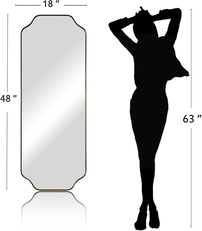 ANDY STAR 18" x 48" Full Length Wall Mirror, Large Brushed Gold Bathroom Mirror for Wall, Scalloped Corner Rectangle Body Mirror for Floor and Leaning
