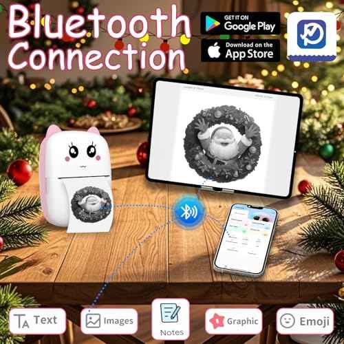 Mini Sticker Printer with 10 Rolls Paper, Thermal Printer Portable Sticker Maker, Bluetooth Inkless Printers Compatible with iOS & Android, Pocket Impresora Port?til for Notes, Journal, DIY, Kids Gift