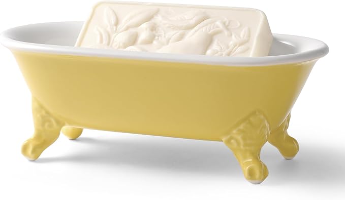 6.5" Ceramic Mini Decorative Clawfoot Bathtub Bar Soap Dish, Kitchen Sponge Holder and Shower Tray for Bathroom, 1 Pack(Yellow)
