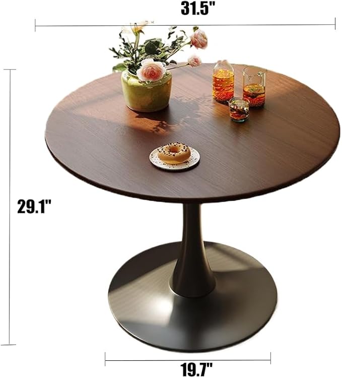 Walnut Round Dining Table, 31.5" Modern Kitchen Table with Pedestal Metal Base, Mid Century Tulip Table for Small Spaces, Apartment, Living Room, Coffee & Breakfast Nook Table, Black Base