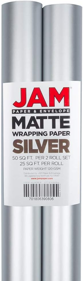 JAM Paper Gift Wrap - Matte Wrapping Paper - 50 Sq Ft Total (30 in x 10 Ft Each) - Matte Silver Foil - 2 Rolls/Pack