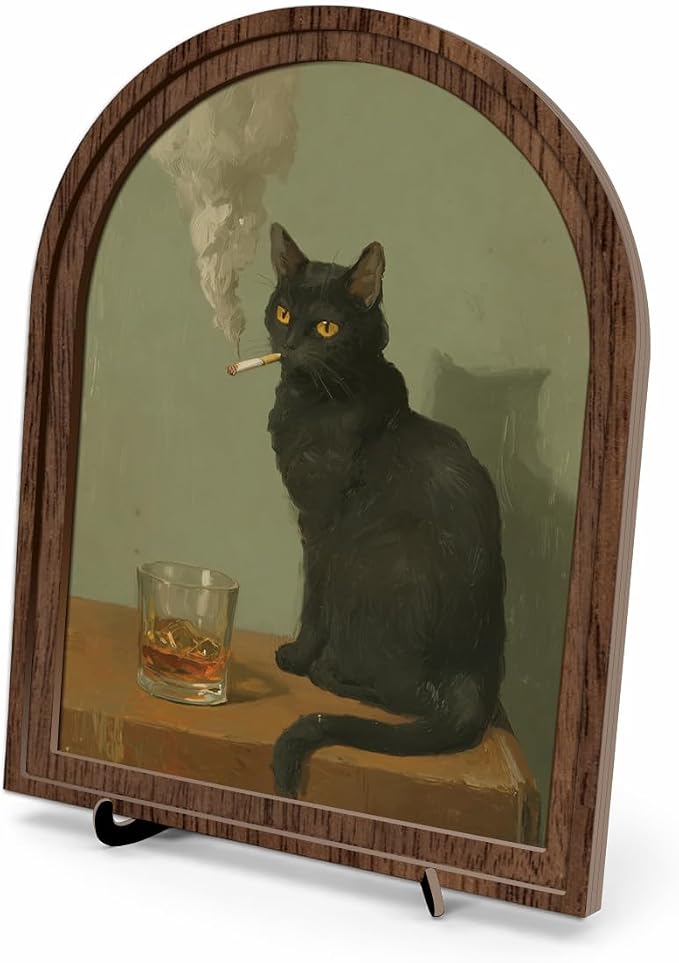 Wooden Sign with Stand Decoration, Black Cat Decor Arched Wooden Frame Tabletop Sign, Vintage Gothic Cat Portrait Shelf Decor for Bedroom Living Room Desk Bookshelf Mantel Office