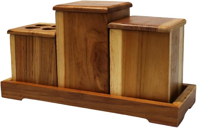 EcoDecors, Eleganto, 7 Piece, Teak Wood Bathroom Amenities Set, Teak Bath Amenity Set, Bathroom Accessory, in Natural Color