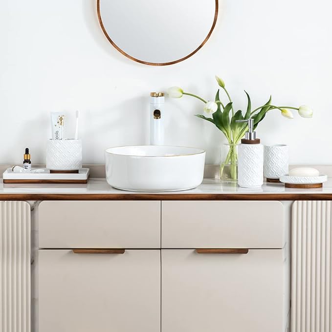 RQYIXI Bathroom Accessories Set 6 Pcs Ceramic Wooden Bathroom Set with Soap Dispenser Toothbrush Holder Tray Tumbler Soap Dish Trash Can（White）