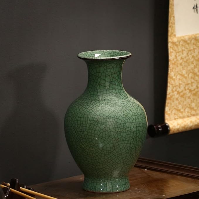 Chinese Ceramic Art Handmade Antique ice Crack Glaze vases Big China Porcelain Flower Bottle Vase for Home Decoration(Green)