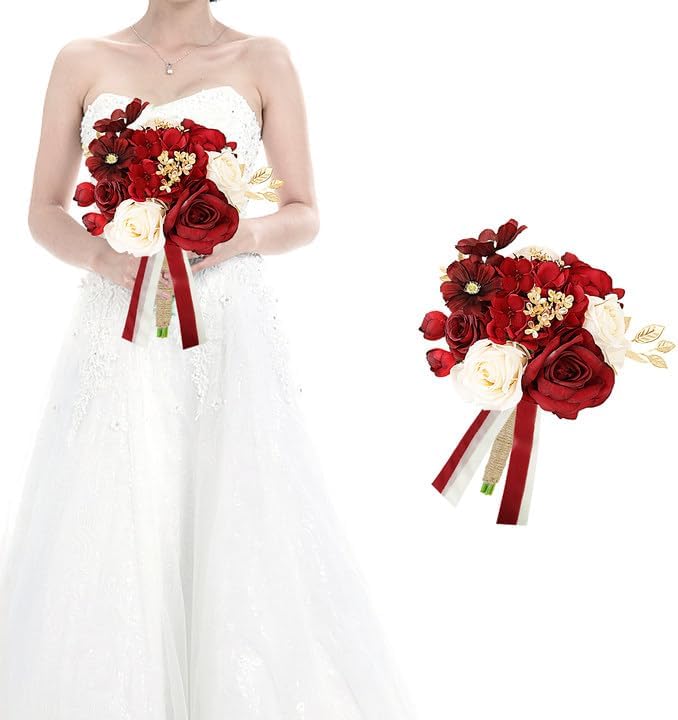 Bridesmaid Bouquets for Wedding, 9 Inch Luxury Artificial Flowers Bouquets for Ceremony Anniversary Centerpieces Decorations -Burgundy & Gold & White