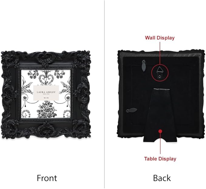 Laura Ashley 4x4 Black Ornate Textured Hand-Crafted Resin Picture Frame with Easel & Hook for Tabletop & Wall Display, Decorative Floral Design Home Décor, Photo Gallery, Art, More (4x4, Black)