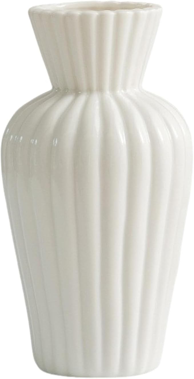 Minimalist White Ceramic Vase for Home Decor - 9.25" Modern Fluted Flower Bud/Table Centerpiece - Aesthetic Nordic Farmhouse Decorative Pottery for Living Room, Shelf, Wedding Gift