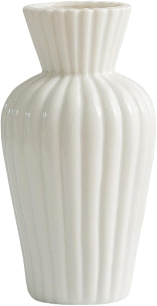 Minimalist White Ceramic Vase for Home Decor - 9.25" Modern Fluted Flower Bud/Table Centerpiece - Aesthetic Nordic Farmhouse Decorative Pottery for Living Room, Shelf, Wedding Gift