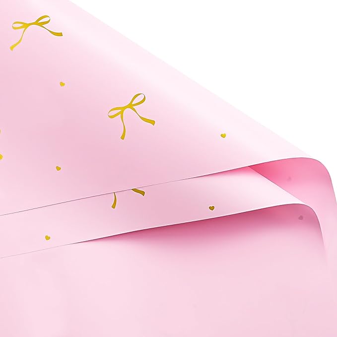 WRAPAHOLIC 20 Sheets Flower Wrapping Paper - 22.4 x 22.4 inch Pink Bow Water-Resistant Floral Bouquet Wrapping Paper, Florist Supplies Packaging for Wedding Birthday Gift DIY