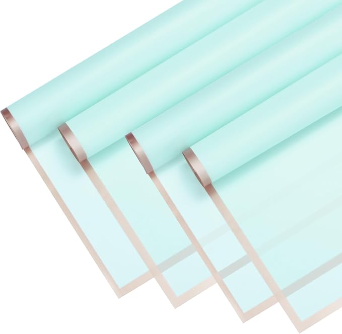 M METERXITY 20 Sheets Flower Wrapping Paper Bouquet, 23 Inch Light Blue Gold Edge BOPP Waterproof Floral Wrapping Paper Flower Packaging DIY for Wedding/Party/Birthday/Gift Bouquet Wrap Paper