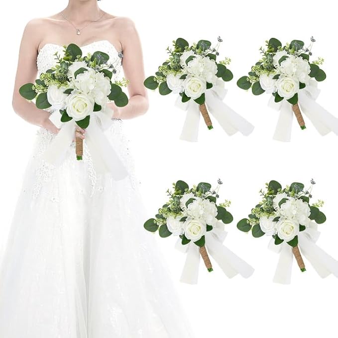 Set of 4 Bridesmaid Bouquets for Wedding - Silk Artificial Ivory Bridesmaid Flowers, Pre-Made Roses Sage Green Boho Bridal Floral for Bride Party Ceremony Anniversary Decoration - 9inch