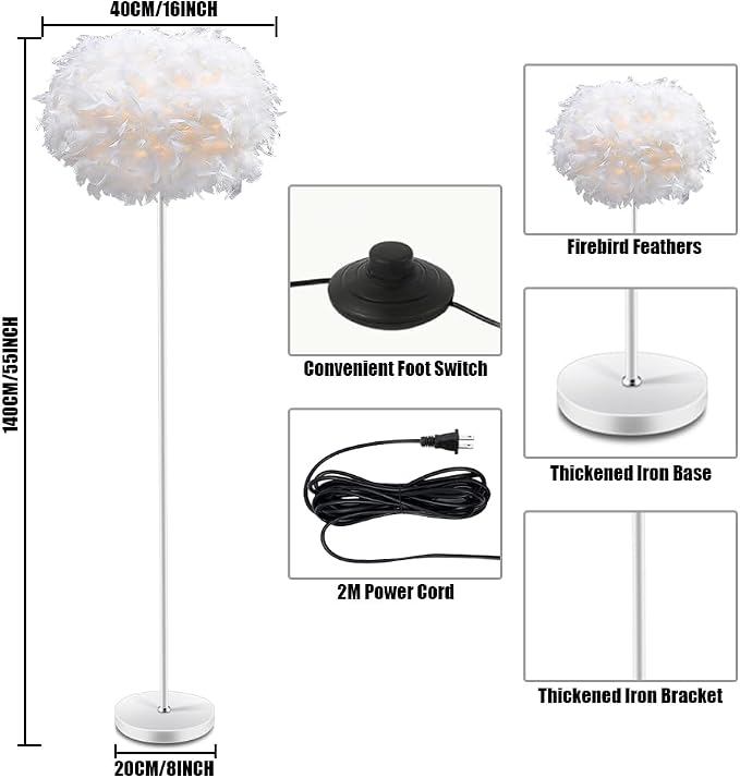 Feather Floor Lamp,Floor Lamps for Living Room,Home Office Bedroom Decor,Floorlamp with White Lampshade,Modern Tall Standing Lamp for Dinningroom,Behind Couch,Girls'room,Corner