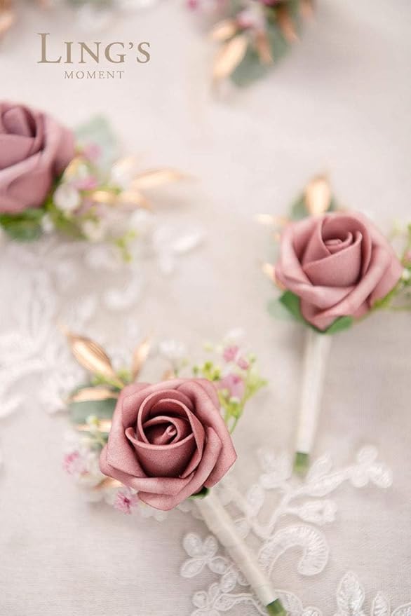 Ling's moment 1.5/2 inch Artificial Rose Taupe & Nude Buds and Petite Roses w/Stem 25pcs for DIY Wedding Boutonniere Corsages Bouquets Centerpieces Decorations