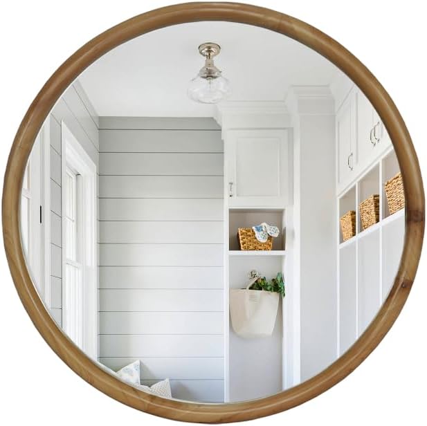 Elountik 35.43 Inch Round Wall Mirror with Natural Wood Frame for Bathroom, Bedroom, Entryway, Mid-Century Modern Decorative Circle Mirror