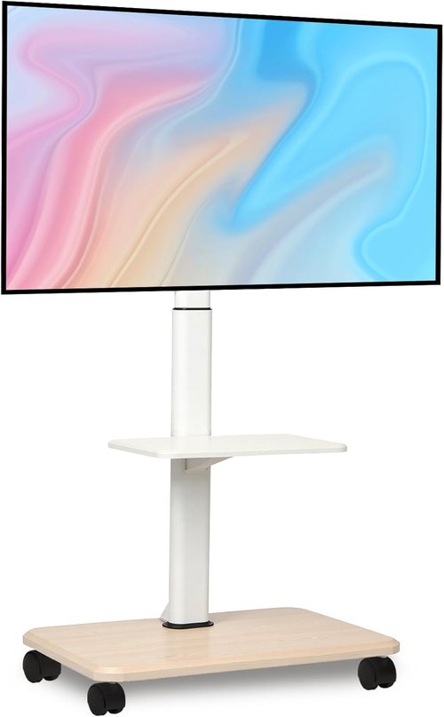 Hellsehen Rolling TV Stand - Height Adjustable Mobile Cart for 32-70 Inch Screens | Lockable Wheels & Laptop Shelf - White