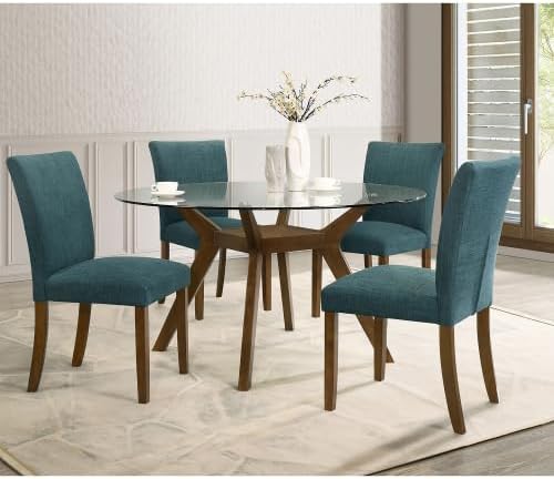 Round Glass Top Dining Table, Mid-Century Modern Style with Walnut Wood Base, Seats 4 People, Ideal for Small Dining Spaces