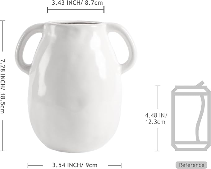 7 Inch Rustic White Ceramic Vase with Double Handles, Retro Farmhouse Glazed Clay Vases for Flowers, Decorative White Flower Vase for Bouquet, Home Décor, Table, Shelf, Kitchen, Living Room