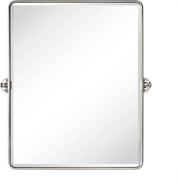 Farmhouse Pivot Rectangle Bathroom Mirror Brushed Nickel Metal Framed Tilting Beveled Vanity Mirrors for Wall, Overall 27.91x 30 inches (Mirrror 24 x 30 inches)