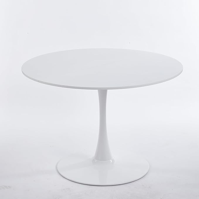KEIKI 42.1" Round Dining Table, Mid Century Modern Bistro Table with Thickened MDF Tabletop & Metal Pedestal, for 4-6 People, Small Places, Cafe, Kitchen, Living Room, White