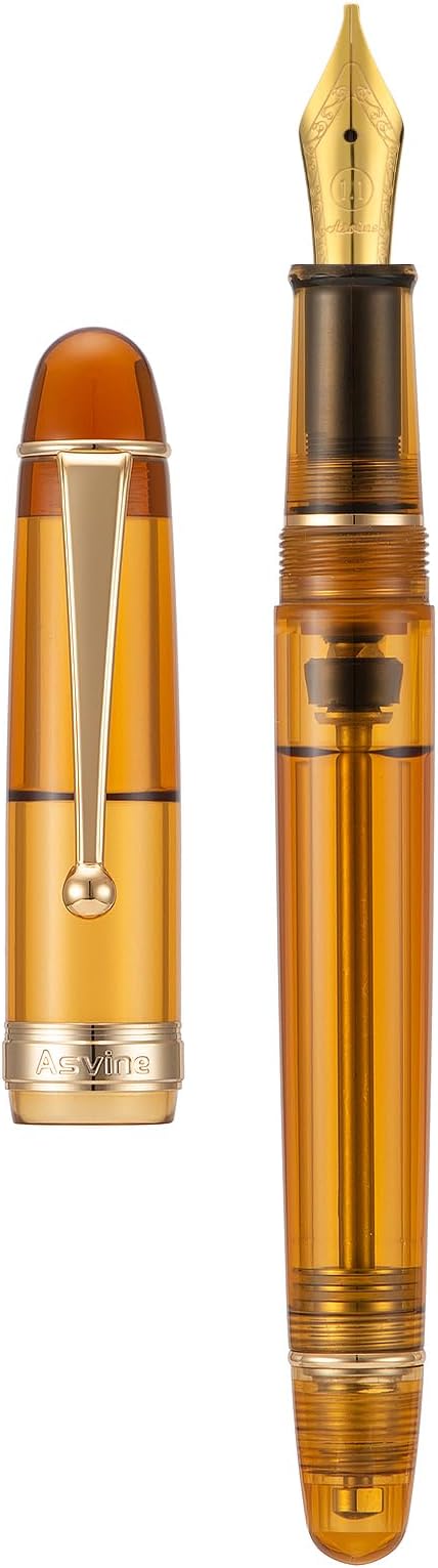 Asvine V126 Vacuum Filling Fountain Pen, Transparent Brown Acrylic Stub Nib 1.1mm Calligraphy Art Drawing with Case Set