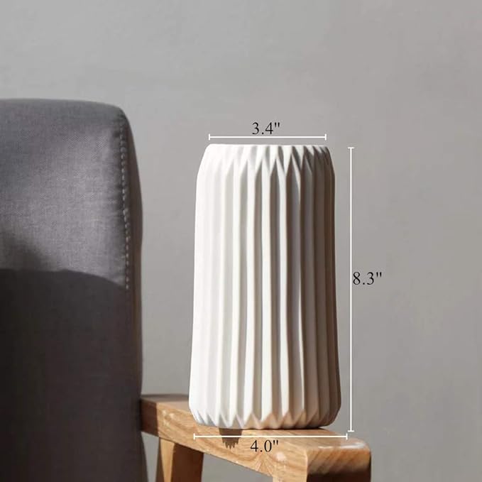GOODSTART White Ceramic Modern Vase, Origami Stripe Frosted Matte Surface, 8.3" H, Universal Size, Perfect for Decor, Wedding, Christmas