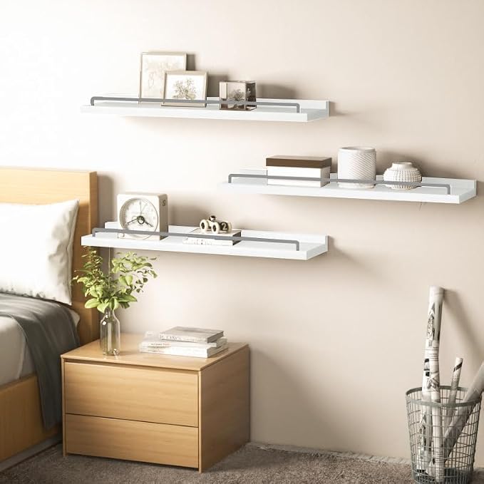 RYOFOBETTO 22 inches Long Floating Shelves, Bathroom Decor Shelves Over Toilet, Farmhouse Wall Shelves for Living Room, Bedroom, Picture Frames, Plants, Kitchen, Set of 3 (White and Grey)