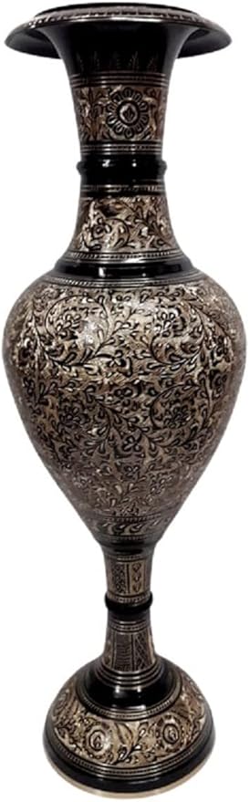 Made of Brass - 24 inch high Vase - A Rare Indian Decor - Alluring Nakkashi, Lovely Collectible - for Dry Flowers, Not Recommended for Water Filling (Black)
