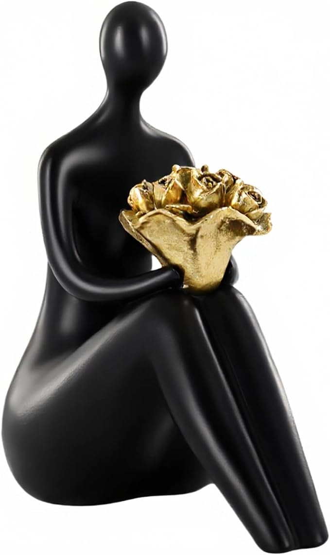 Lescafita Black Abstract Figure Statue with Golden Flowers, Modern Resin Sculpture, Minimalist Art Figurine for Home or Office Decor, Elegant Gift for Art Enthusiasts