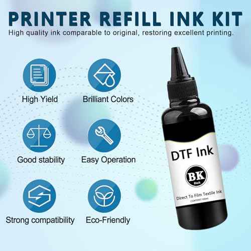 DTF Ink Bottle Premium Heat Transfer Printing Direct to Film Refill Ink for Epn L800, L805, L1800, R1390, R2400, ET-8550,XP-15000 Printers (100ml x 6, Black, White, Cyan, Magenta, Yellow)