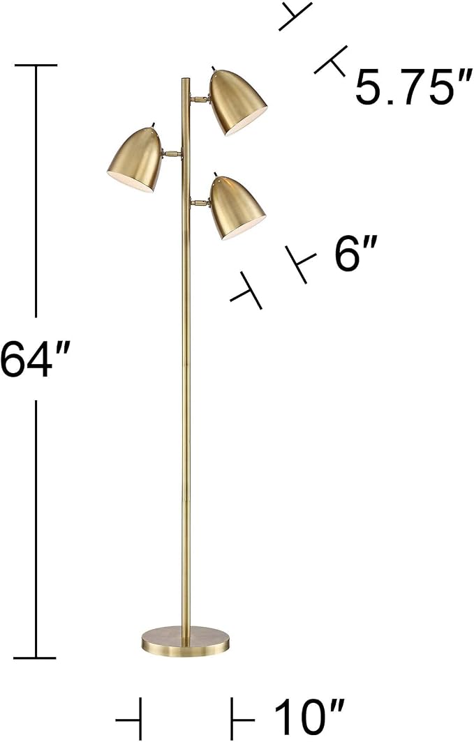 360 Lighting Aaron Mid Century Modern Tree Floor Lamp 64" Tall Aged Brass Gold Metal Adjustable Swivel 3-Light Dome Shade Decor for Living Room Reading House Bedroom Home Office House