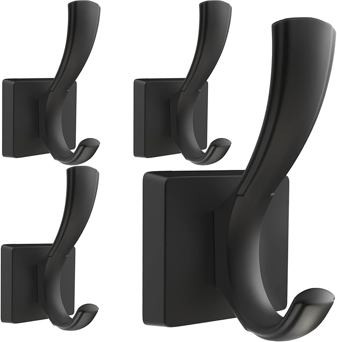 TOFIIGREM Black Hooks for Wall Towel Hooks, Heavy Duty Thick Aluminum Alloy Entryway Coat Hooks for Hanging Key Robe Hat Backpack, Wall Mount Towel Hooks Bath Kitchen Garage Hooks(4 Pack, Black)