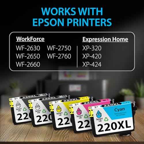 Smart Ink Remanufactured Ink Cartridge Replacement for Epson 220 XL T220 220XL 5 Multipack (2 Black, C/M/Y) to use with Workforce WF2630 WF2650 WF2750 Expression Home XP320 XP420 XP424 Printer